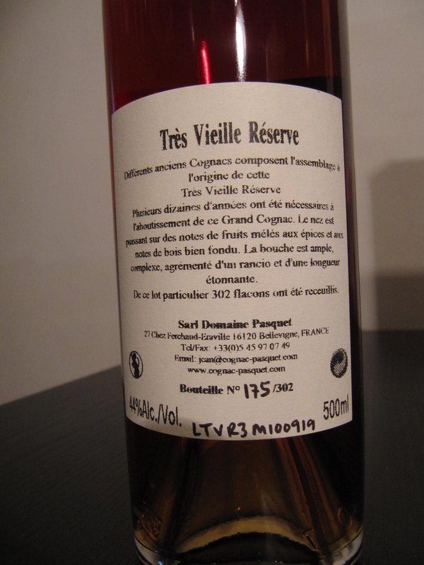 Cognac  J. L. Pasquet -- Tres Vielle Reserve - only 302 bot. !